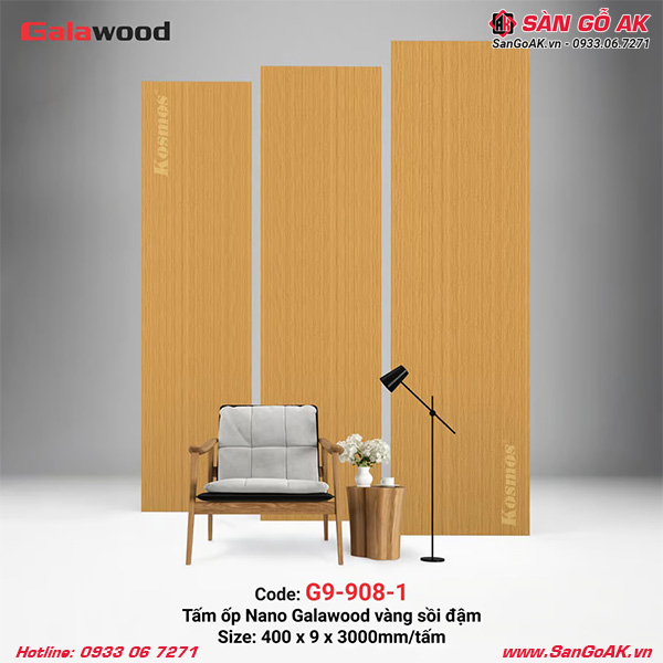 Tấm ốp Nano Galawood G9-908-1 vân gỗ sồi vàng đậm sang trọng, đẳng cấp