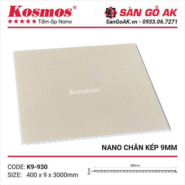 Tấm ốp nhựa Nano chân kép 9mm Kosmos K9-930 vân vải vàng nhạt