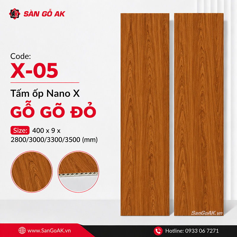 Tấm ốp nhựa Nano X-05 bề mặt vân gỗ gõ đỏ 