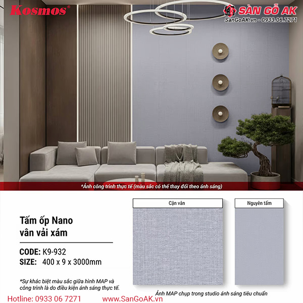 Thiết kế ấn tượng của tấm ốp Nano K9-932 với bề mặt vân vải xám tinh tế