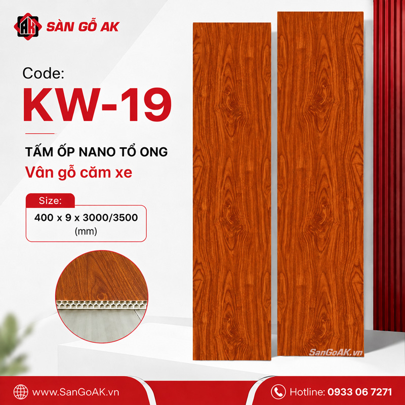 Tấm ốp Nano tổ ong KW-19 vân gỗ căm xe đỏ cam