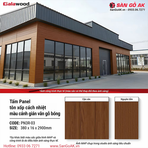 Tấm Panel cách nhiệt 3 rãnh PN3R-03 màu cánh gián vân gỗ bóng