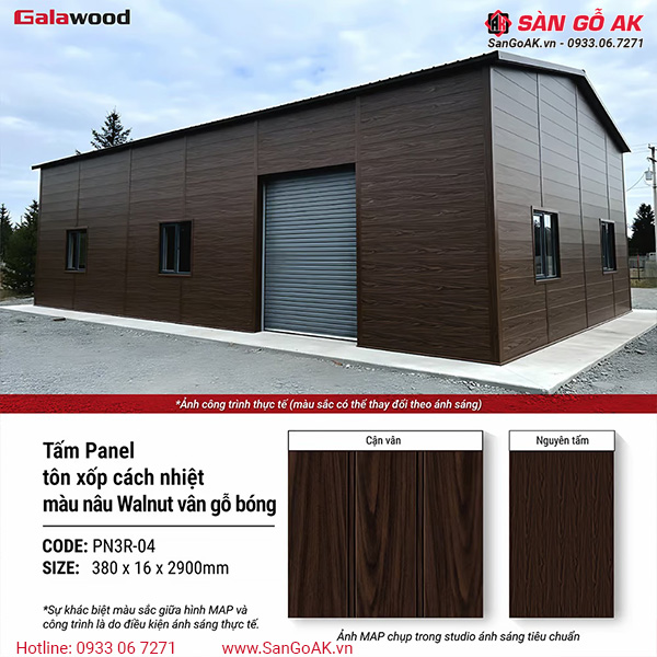 Tấm Panel cách nhiệt 3 rãnh PN3R-04 màu nâu walnut vân gỗ bóng