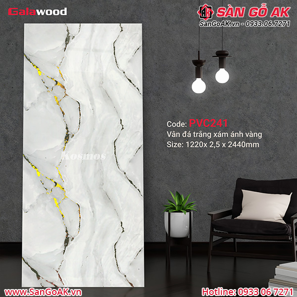 Tấm ốp tường Galawood PVC241 vân đá trắng xám ánh vàng