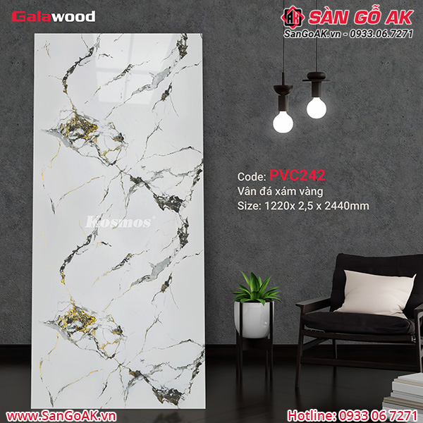Tấm ốp tường Galawood PVC242 vân đá xám vàng