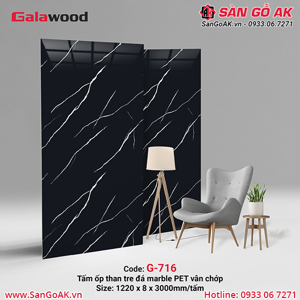 Tấm ốp than tre đá marble đen vân chớp Galawood G-716