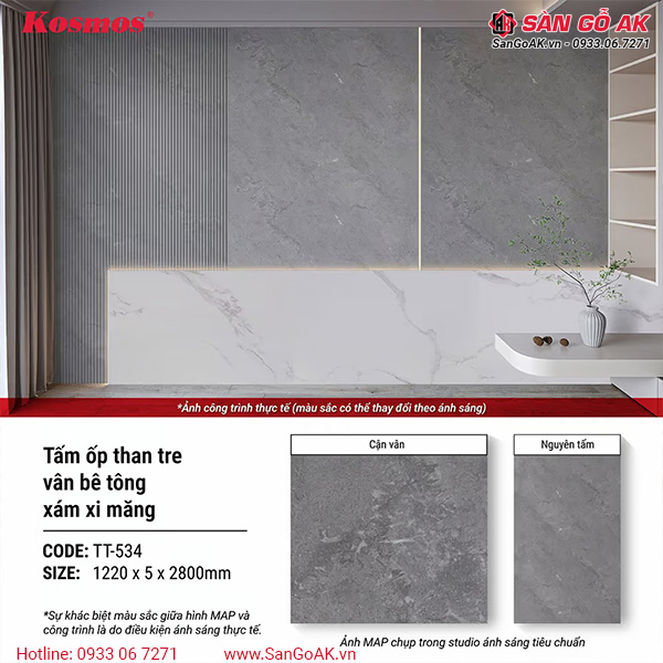 Thông số tấm ốp than tre vân bê tông xám Kosmos TT-534