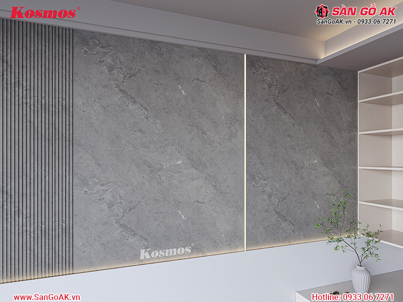 Hình ứng dụng tấm ốp than tre vân bê tông xám xi măng Kosmos TT-534