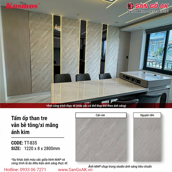 Hình ứng dụng tấm ốp than tre vân xi măng Kosmos ánh kim TT-835