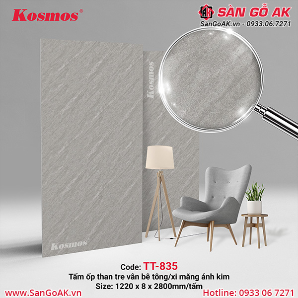 Tấm ốp đa năng sợi than tre vân bê tông màu xám xi măng TT-835