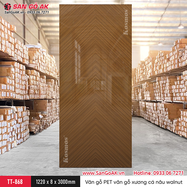 Sàn Gỗ AK - nơi cung cấp tấm ốp than tre Kosmos TT-868 vân gỗ xương cá PET nâu walnut