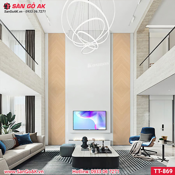 Hình ứng dụng tấm ốp than tre vân gỗ xương cá vàng kem Kosmos TT-869