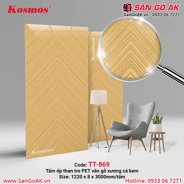 Tấm ốp than tre vân gỗ xương cá phủ PET màu vàng kem TT-869