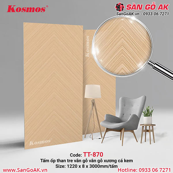 Tấm ốp than tre vân gỗ xương cá màu vàng kem chống xước TT-870