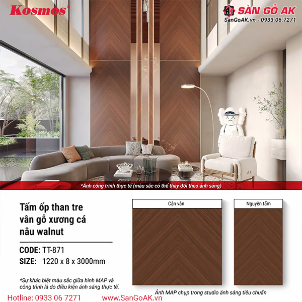 Thông số của tấm ốp than tre TT-871 vân gỗ xương cá nâu walnut