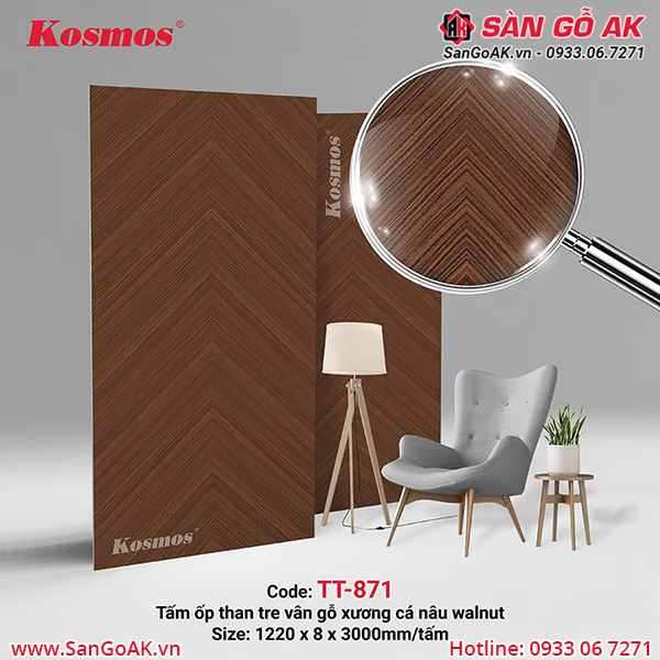 Tấm ốp than tre vân gỗ xương cá màu nâu walnut chống xước TT-871