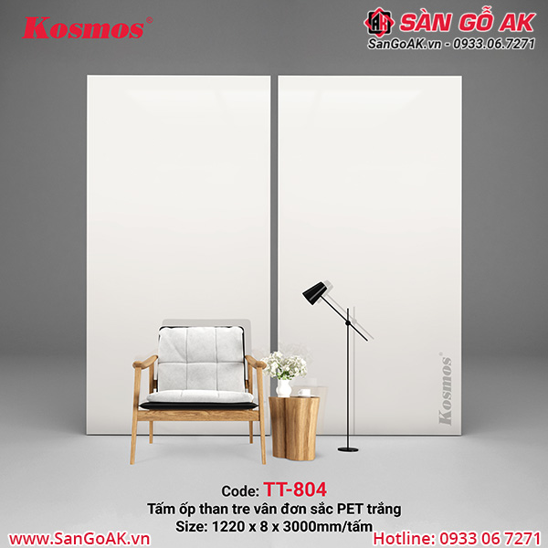 Tấm ốp than tre Kosmos TT-804 vân đá đơn sắc PET trắng