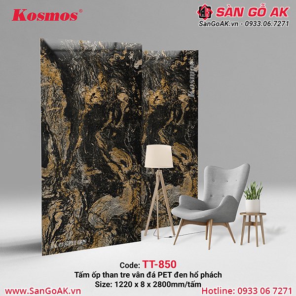 Tấm ốp than tre vân đá PET đen hổ phách Kosmos TT-850