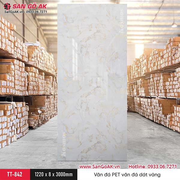 Sàn Gỗ AK - nơi cung cấp tấm ốp than tre Kosmos vân đá PET dát vàng TT-842
