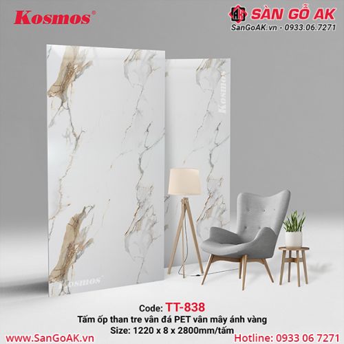 Tấm ốp than tre Kosmos vân đá PET vân mây ánh vàng TT-838