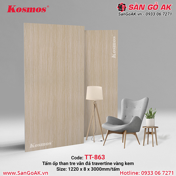 Tấm ốp than tre vân đá travertine màu vàng kem TT-863 Kosmos