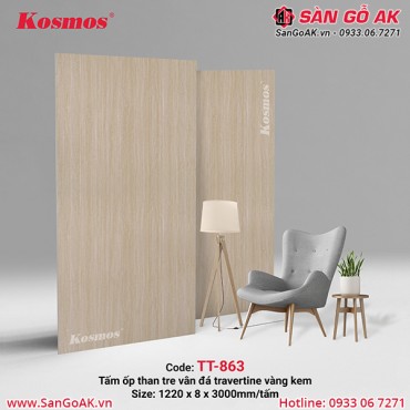 Tấm ốp than tre Kosmos vân đá travertine vàng kem TT-863