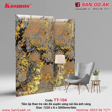 Tấm ốp than tre Kosmos vân đá PET xuyên sáng núi lửa ánh vàng TT-104