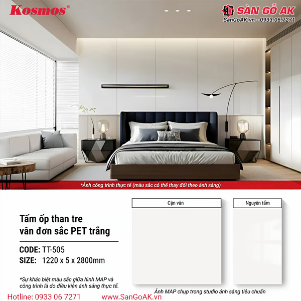 Thông số của tấm ốp than tre TT-505 vân đơn sắc PET trắng