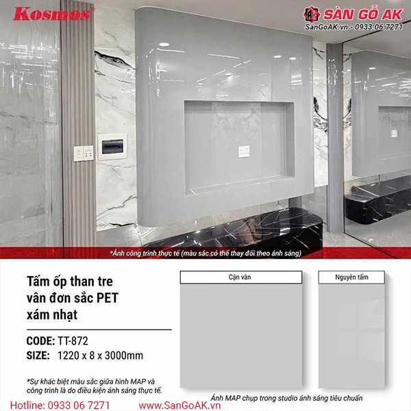 Hình ứng dụng tấm ốp than tre đơn sắc PET Kosmos màu xám nhạt TT-872