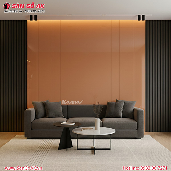 Ốp vách sofa phòng khách với tấm than tre hiệu ứng xước đỏ đồng TT-836