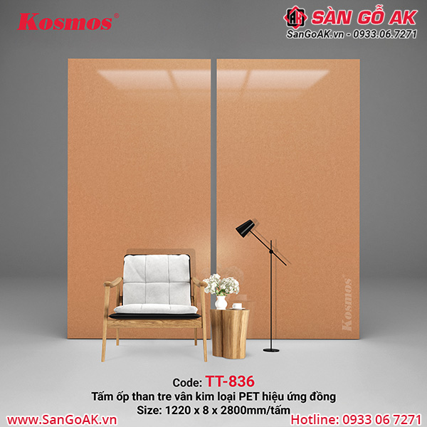 Tấm ốp than tre Kosmos vân kim loại PET hiệu ứng xước đỏ đồng TT-836