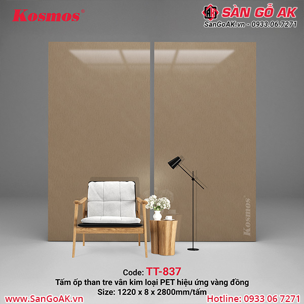 Tấm ốp than tre Kosmos vân kim loại PET hiệu ứng xước vàng đồng TT-837