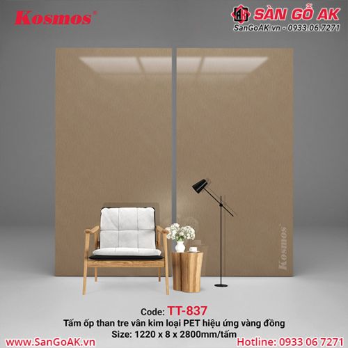 Tấm ốp than tre Kosmos vân kim loại PET hiệu ứng xước vàng đồng TT-837