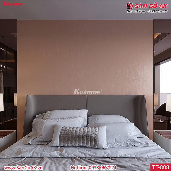 Ốp tường phòng ngủ với tấm ốp than tre TT-808 hồng trà