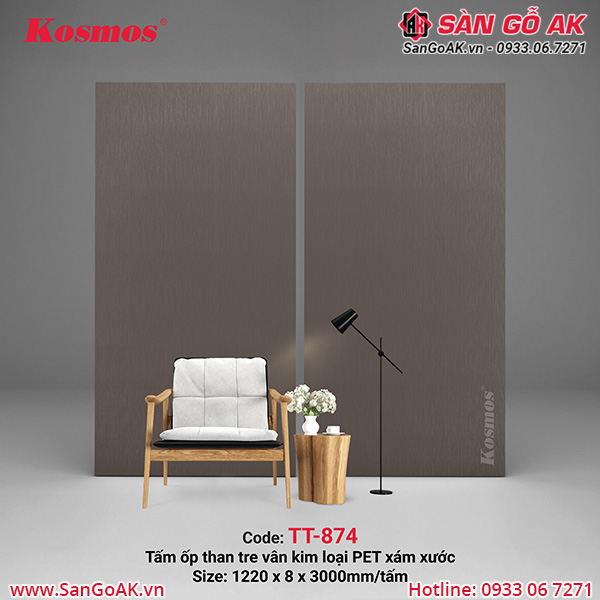 TT-874 là tấm ốp than tre vân kim loại PET xám xước Kosmos