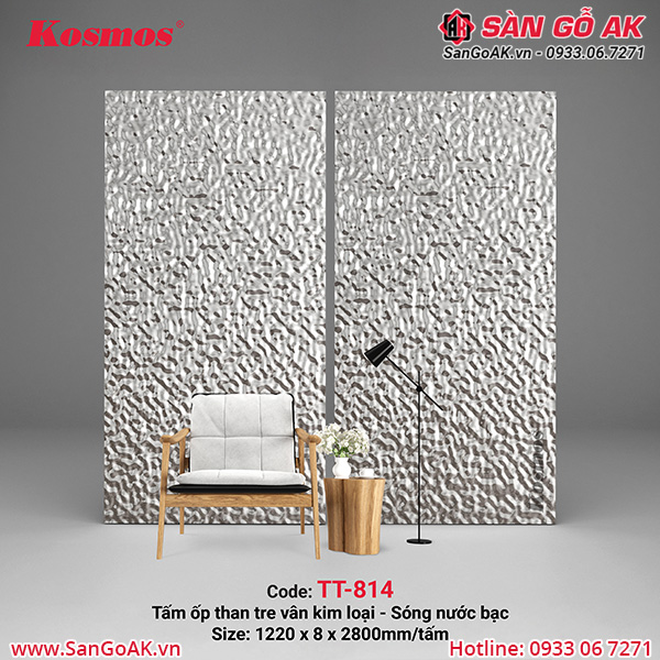 Tấm ốp than tre Kosmos vân sóng nước TT-814 phủ PET màu bạc