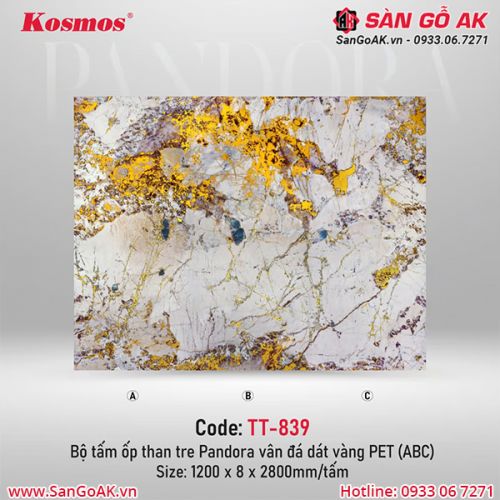 Tấm ốp than tre Pandora vân đá dát vàng PET Kosmos TT-839