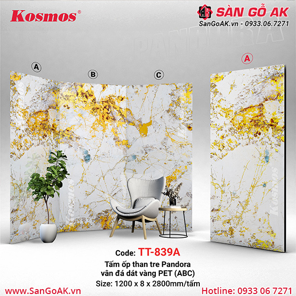 Bộ tấm ốp than tre Pandora liền vân đá dát vàng (ABCA) phủ PET Kosmos TT-839