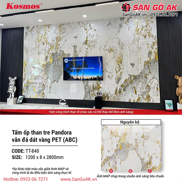 Hình ứng dụng lắp đặt tấm ốp than tre Pandora dát vàng TT-840