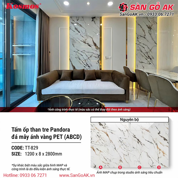 Hình ứng dụng lắp đặt tấm ốp than tre Pandora vân đá TT-829
