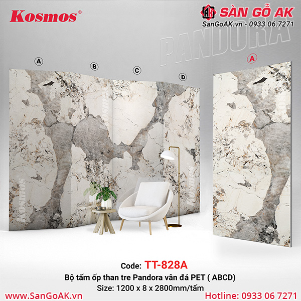 Bộ tấm ốp than tre Pandora vân đá phủ PET Kosmos TT-828