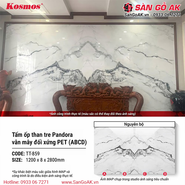 Hình ứng dụng lắp đặt tấm ốp than tre Pandora vân đá TT-859
