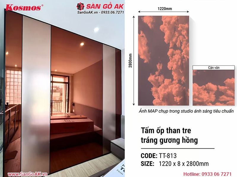 Hình ứng dụng tấm ốp than tre tráng gương hồng Kosmos TT-813