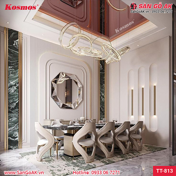 Tấm ốp sợi than tre tráng gương màu hồng TT-813 ốp trần phòng ăn