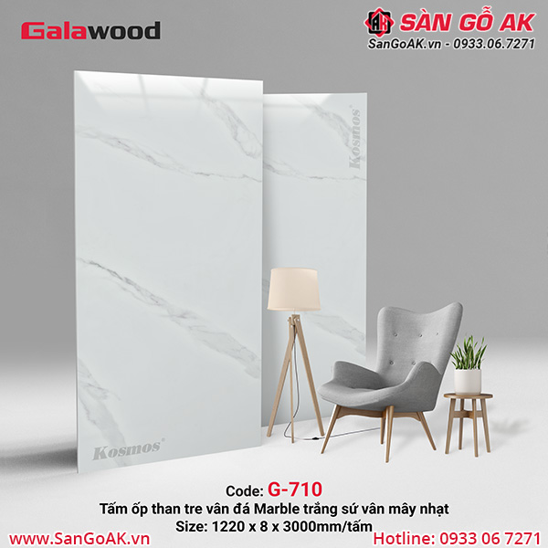 G-710 là tấm ốp than tre vân đá Marble trắng sứ vân mây nhạt Galawood