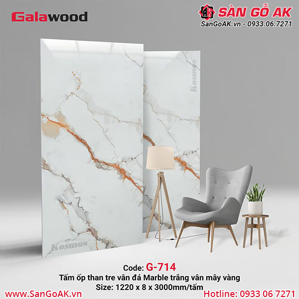 Tấm ốp than tre vân đá G-714 có nền đá trắng sáng cùng vân mây vàng