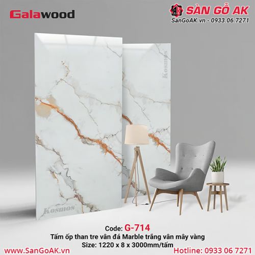 Tấm ốp than tre vân đá marble trắng vân mây vàng Galawood G-714