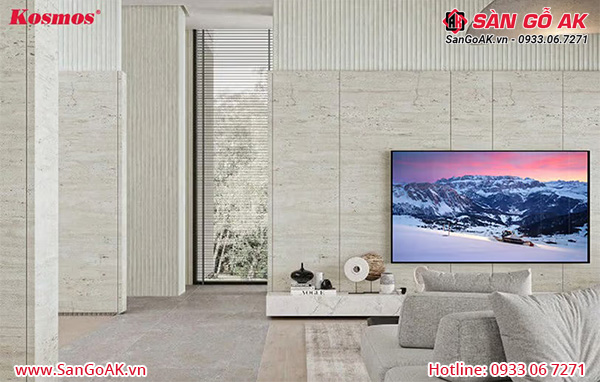 Tấm ốp than tre vân đá travertine màu vàng kem TT-863 Kosmos trang trí phòng khách mang phong cách hiện đại