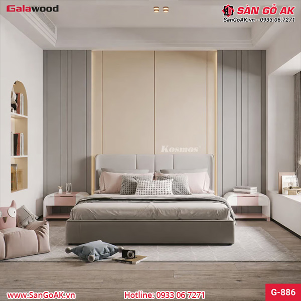 Ốp vách đầu giường phòng ngủ với tấm than tre ánh kim kem G-886