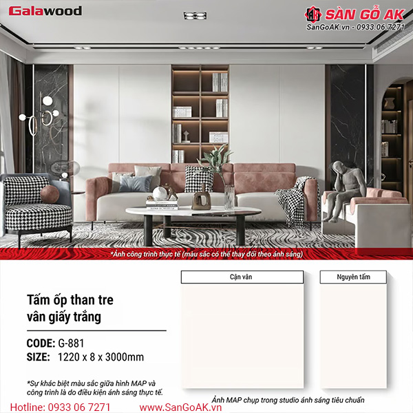 Thông số của tấm ốp than tre G-881 vân giấy trắng